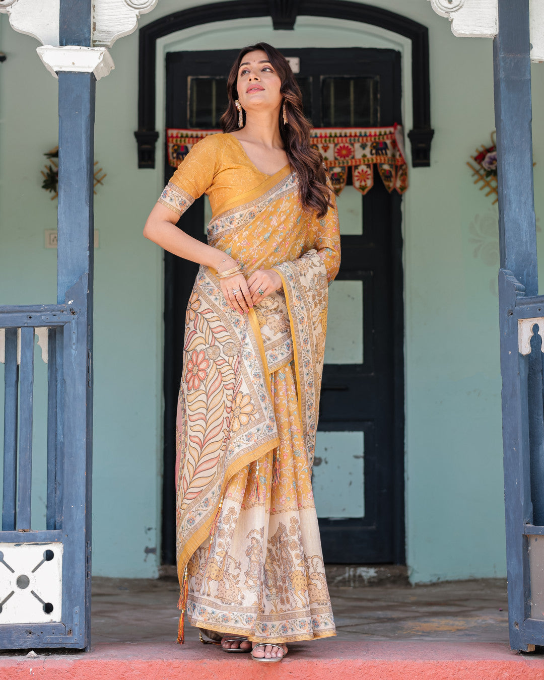 Kalamkari Digital Printed Linen Cotton Saree