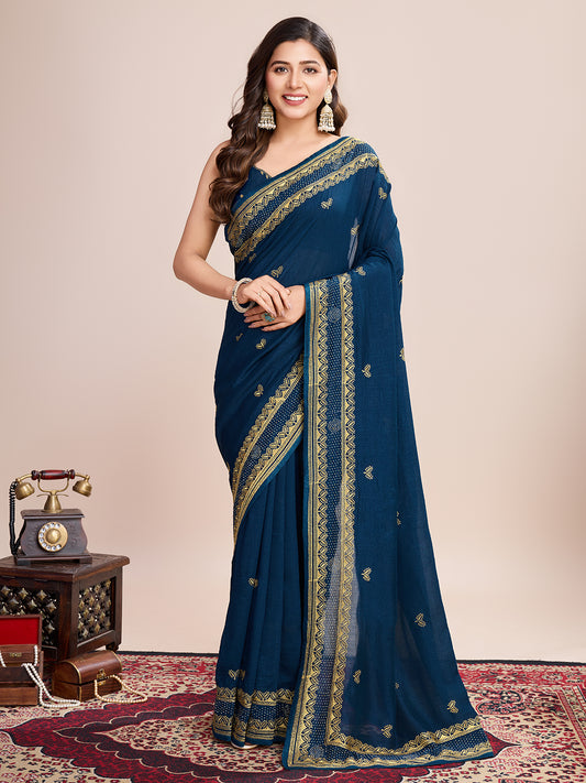 Fancy Blue Soft Vichitra Silk Saree With Embroidery Work