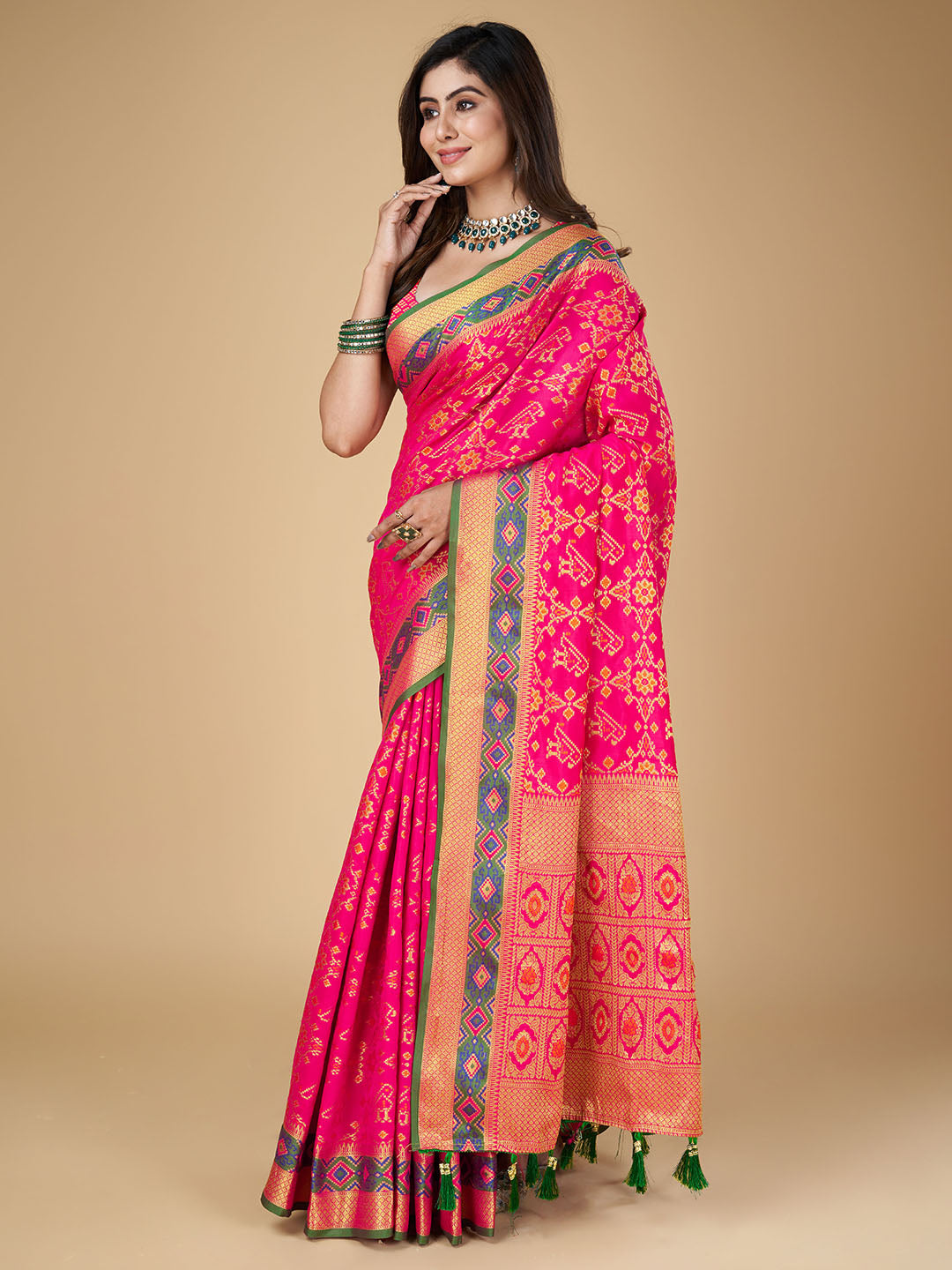 Pink Color Patola Silk Saree With Zari Weaving Work