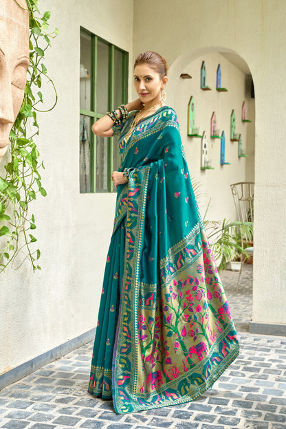 Traditional Rama Green Paithani Silk Saree With Zari Weaving Work