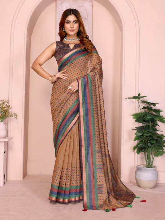 Beige Colour Chanderi Cotton Saree With Digital Printed Work