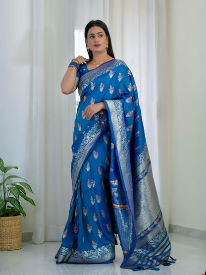 Blue Pure Soft Banarasi Saree With Meenakari Weaving Work