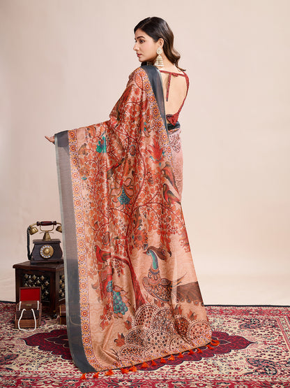 Multi Soft Linen Cotton Saree With Kalamkari Printed Work
