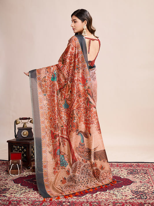 Multi Soft Linen Cotton Saree With Kalamkari Printed Work