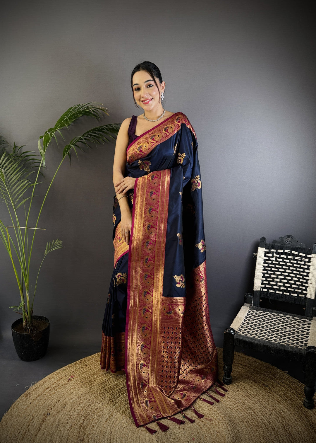 Navy Blue Traditional Banarasi Silk Saree With Zari Weaving Work
