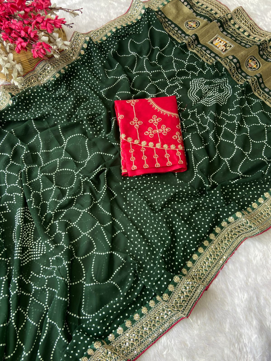 Green Vichitra Silk Saree With Khadi Bandhej Heavy Pallu With Hotpcs C Pallu Work