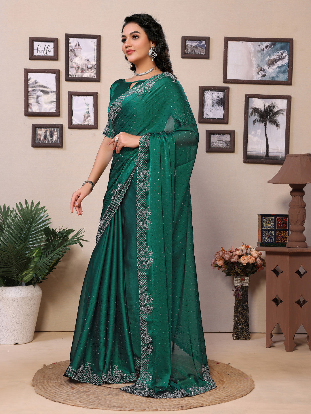 Fancy Green Rangoli Silk Saree With Diamond Work