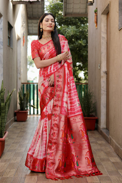 Red Color Dola Silk Saree With Shibori Print & Zari Weaving Work