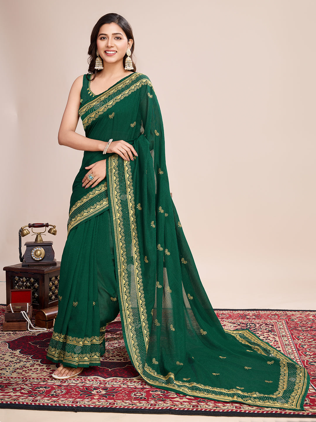 Fancy Green Soft Vichitra Silk Saree With Embroidery Work