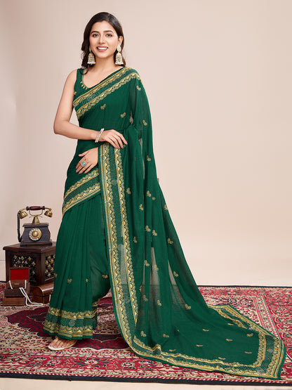 Fancy Green Soft Vichitra Silk Saree With Embroidery Work