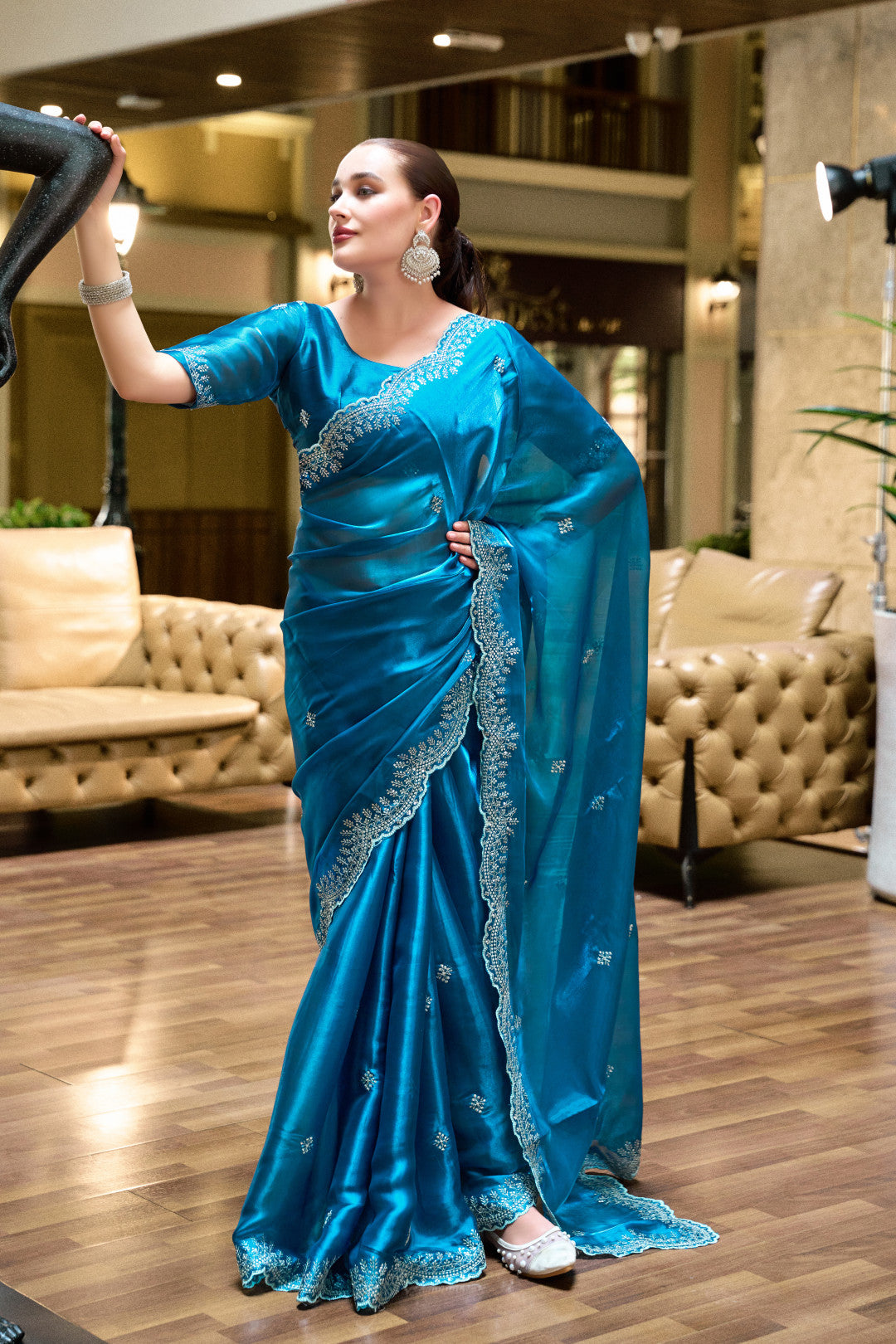 Blue Fancy Shimmer Chiffon Saree With Embroidery Work