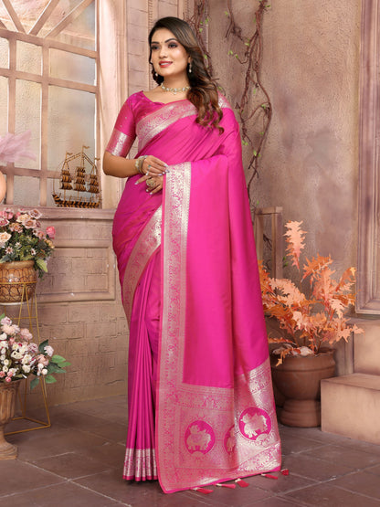 Premium Summer Special Pink Banarasi Silk Saree With Gala Weaving Exclusive Work