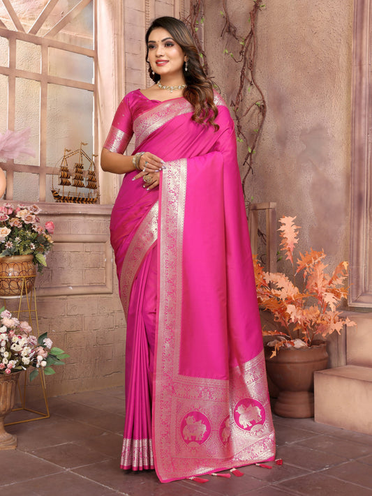 Premium Summer Special Pink Banarasi Silk Saree With Gala Weaving Exclusive Work