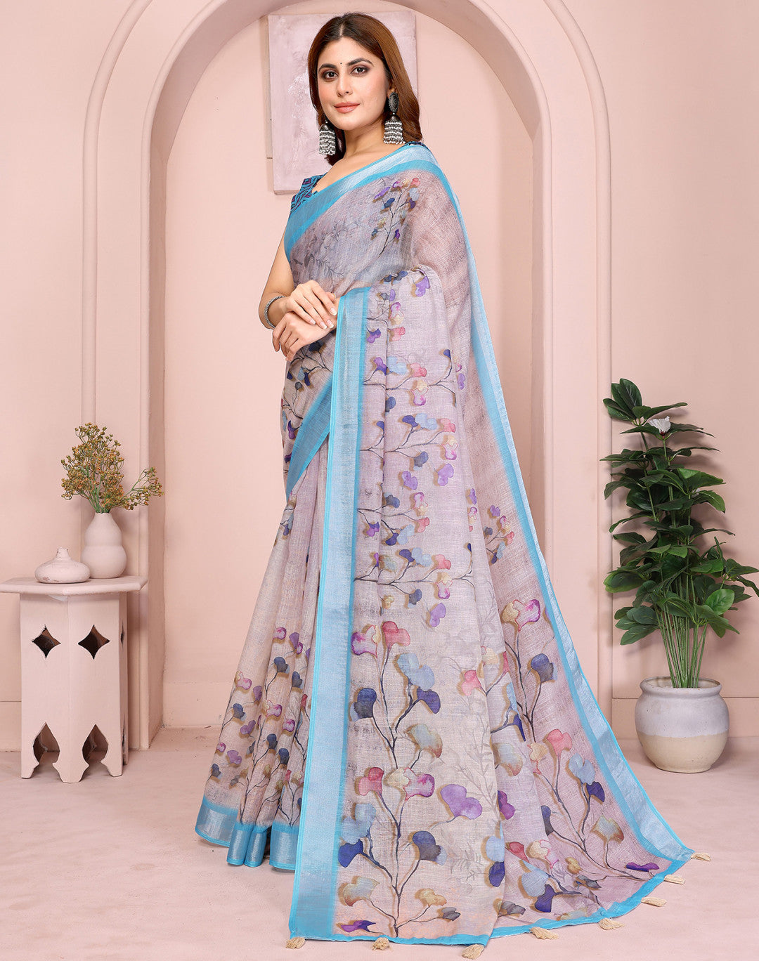 Lavender Linen Cotton Saree With Digital Printed Work And Silver Zari Border