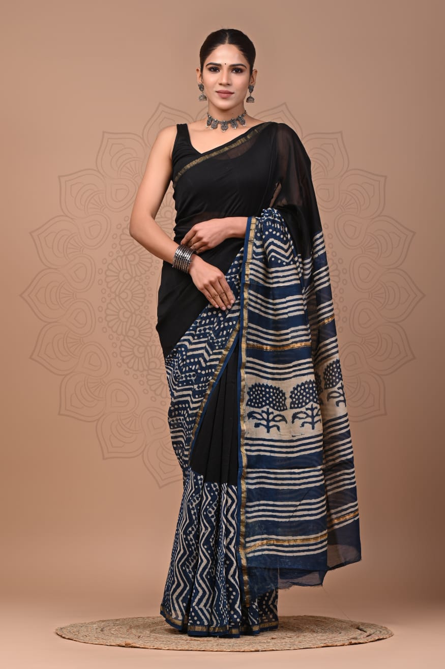 Black Colour Pure Chanderi Silk Saree With Bagru Handblock Printed Work