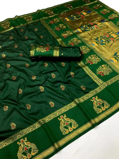 Green Paithani Silk Saree With Meenakari Zari Weaving Work