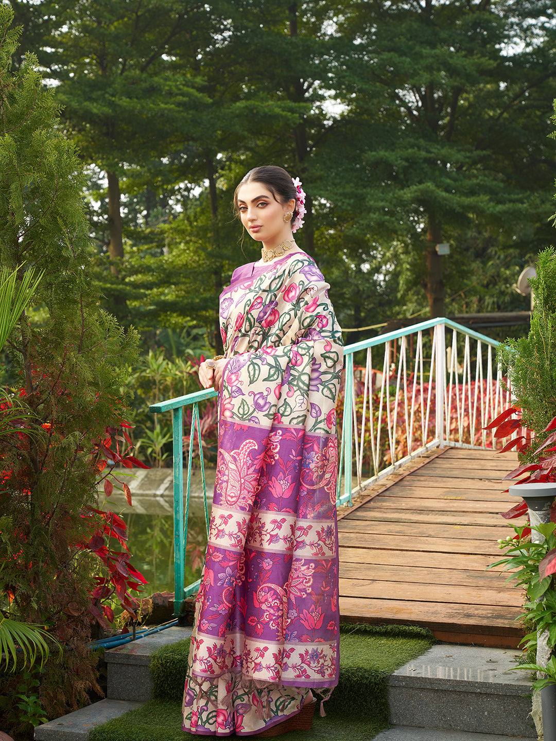 Magenta Kalamkari Printed Designer Tussar Silk Saree
