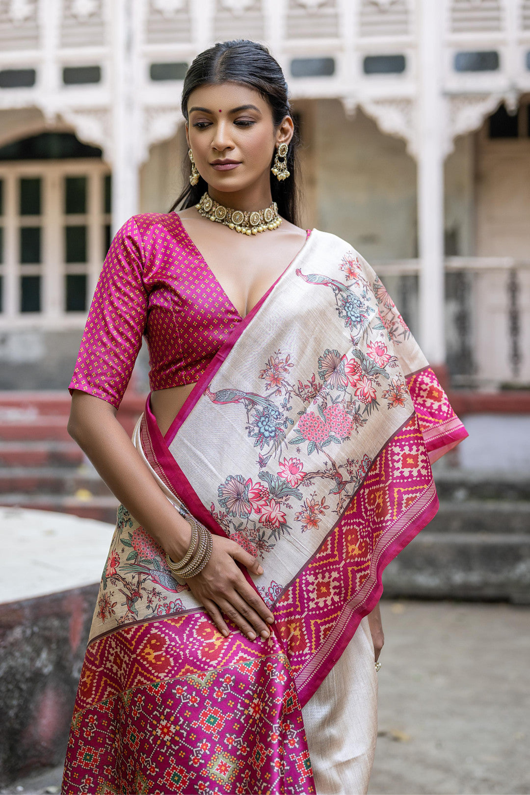 Pink Color Soft Tussar Silk Saree With Patola Printed Work