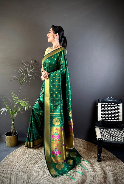 Green Traditional Paithani Silk Saree With Zari Weaving Work