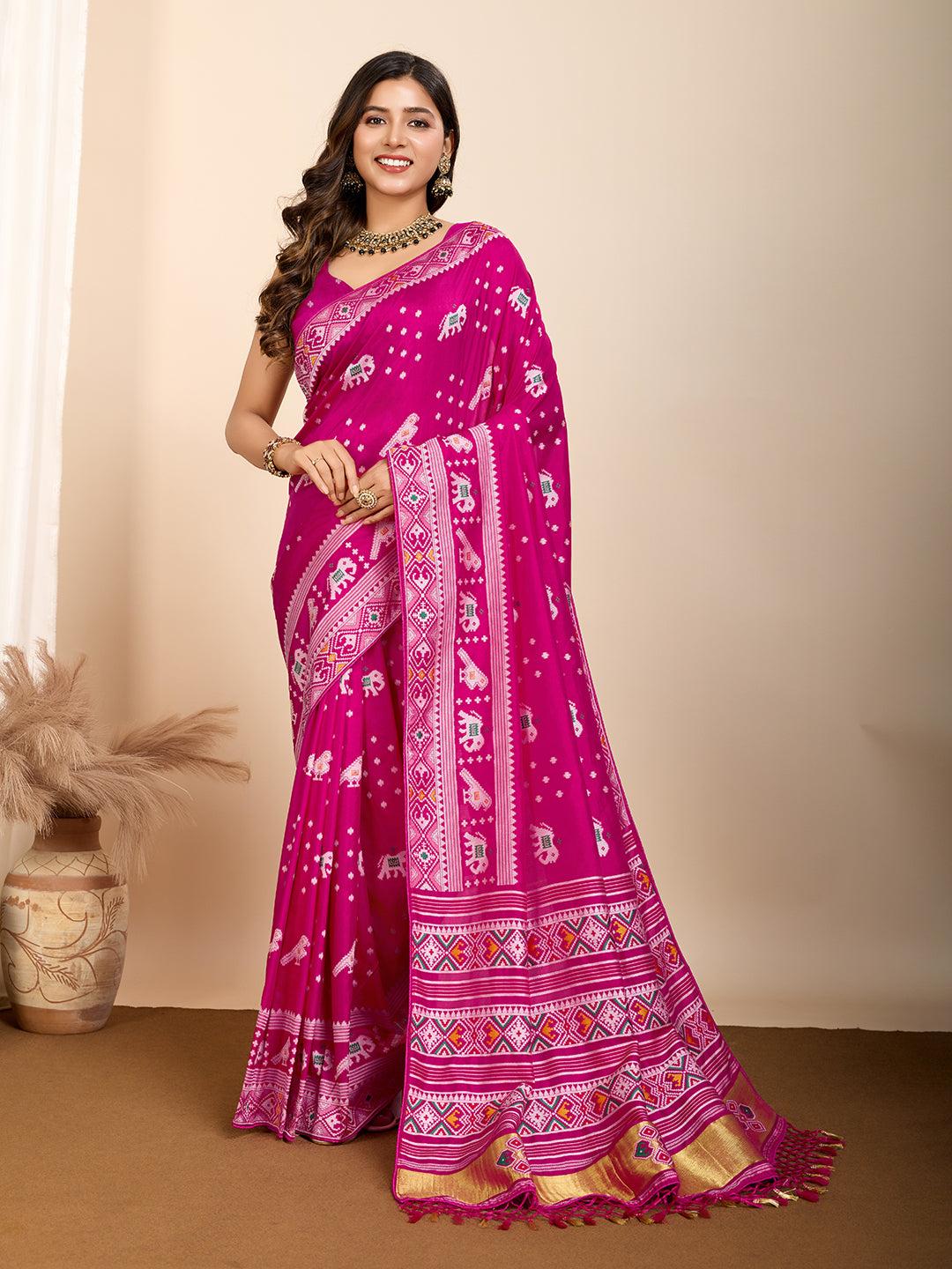 Traditional Muslin Dola Silk Saree With Meenakari Zari Weaving Work