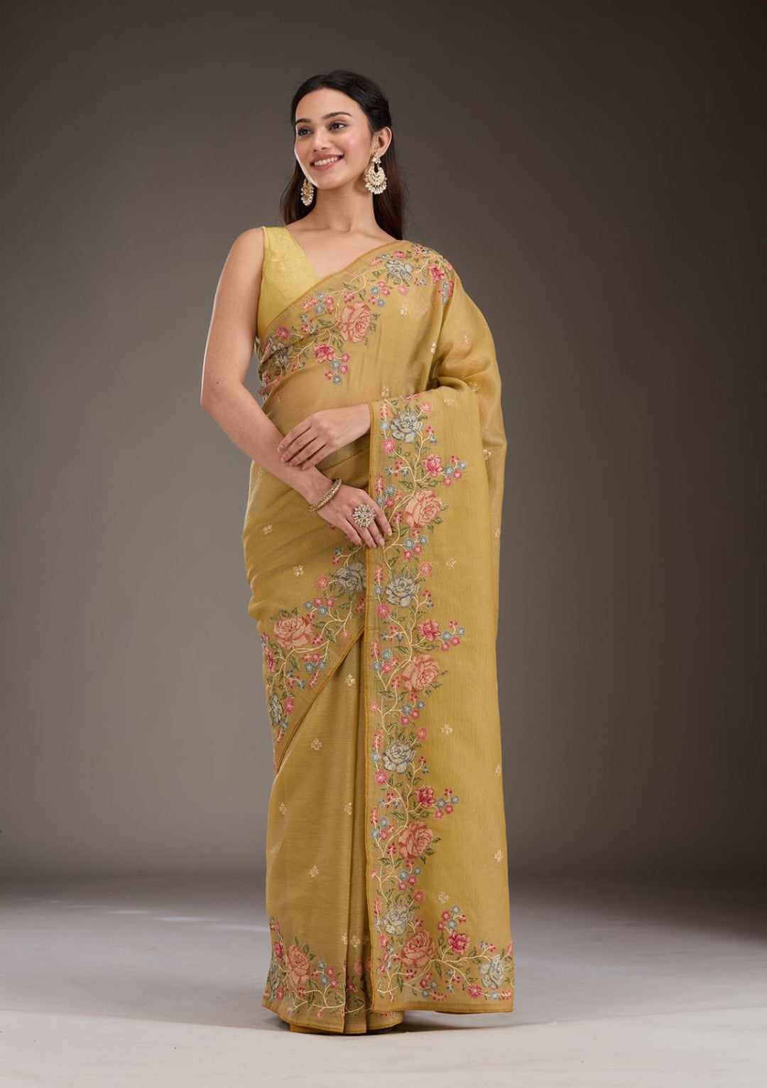 Mustard Yellow Fancy Crunchy Silk Saree With Multi Thread Work And Piping Lace Border