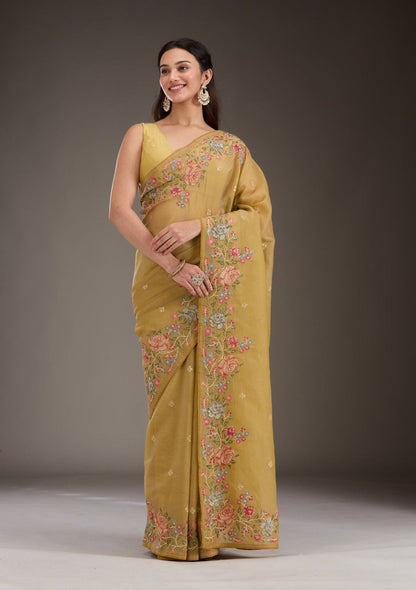 Mustard Yellow Fancy Crunchy Silk Saree With Multi Thread Work And Piping Lace Border