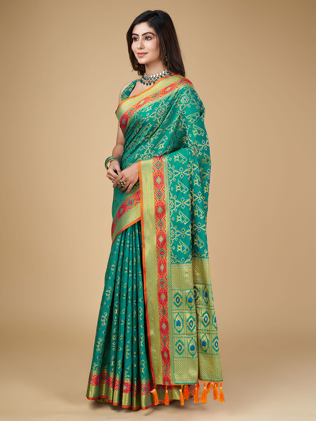 Rama Green Color Patola Silk Saree With Zari Weaving Work