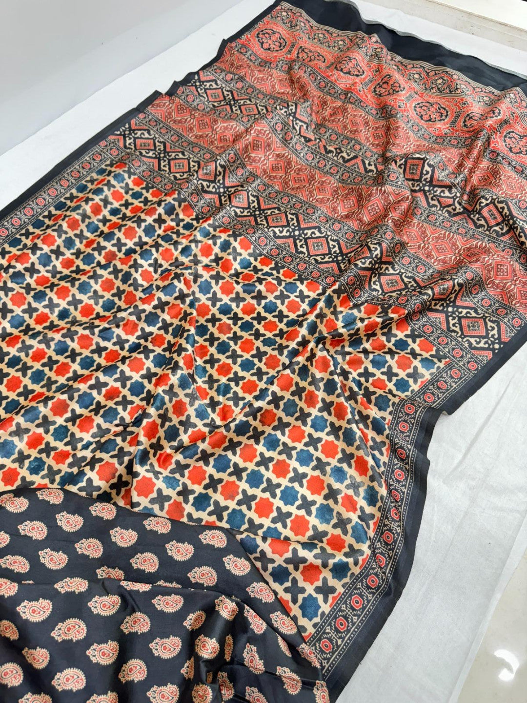 Multi Ajrakh Print Tussar Silk Saree