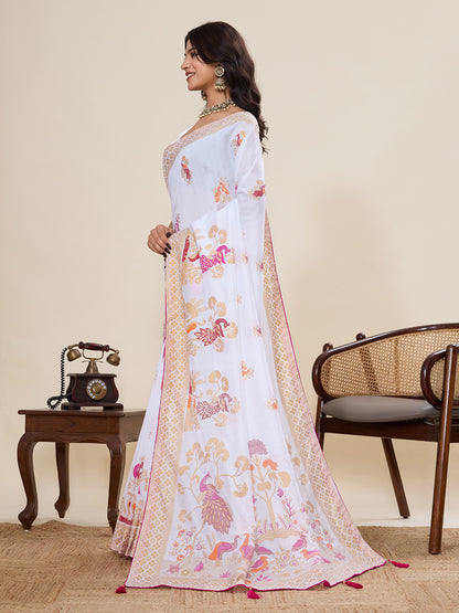 White Cotton Saree With Table Printed And Foil Work With Pipeing Border