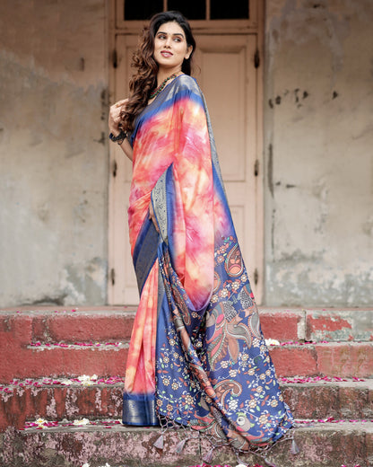 Pink Kalamkari Digital Printed Dola Silk Saree With Gold Zari Border