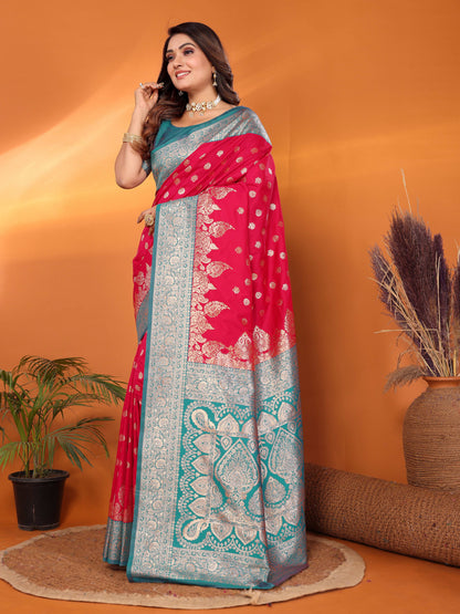 Rani Pink Traditional Banarasi Silk Saree With Zari Weaving Work