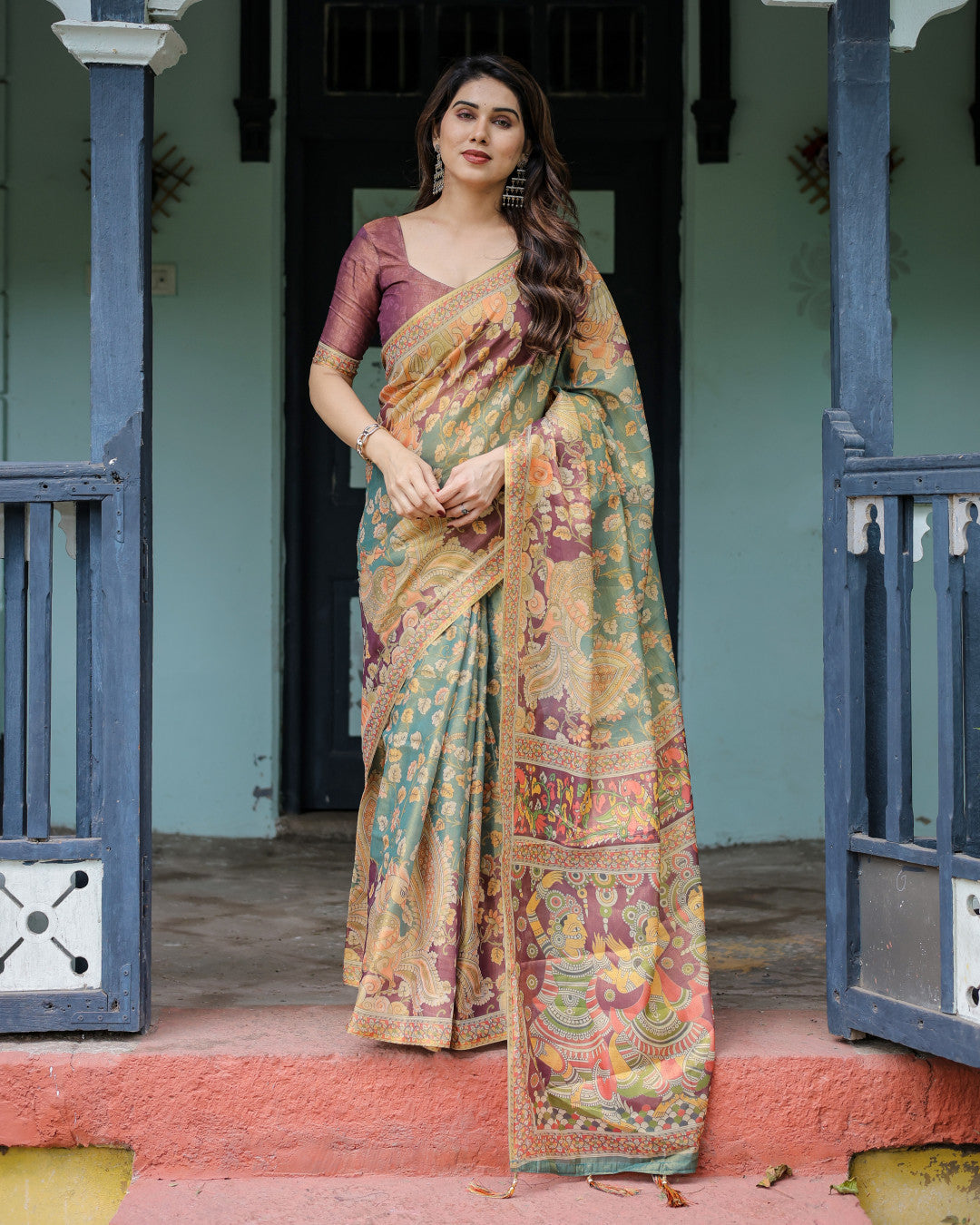 Multi Kalamkari Digital Printed Linen Cotton Saree