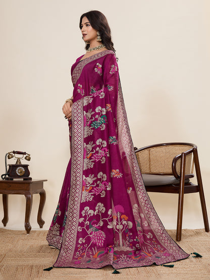 Wine Cotton Saree With Table Printed And Foil Work With Pipeing Border
