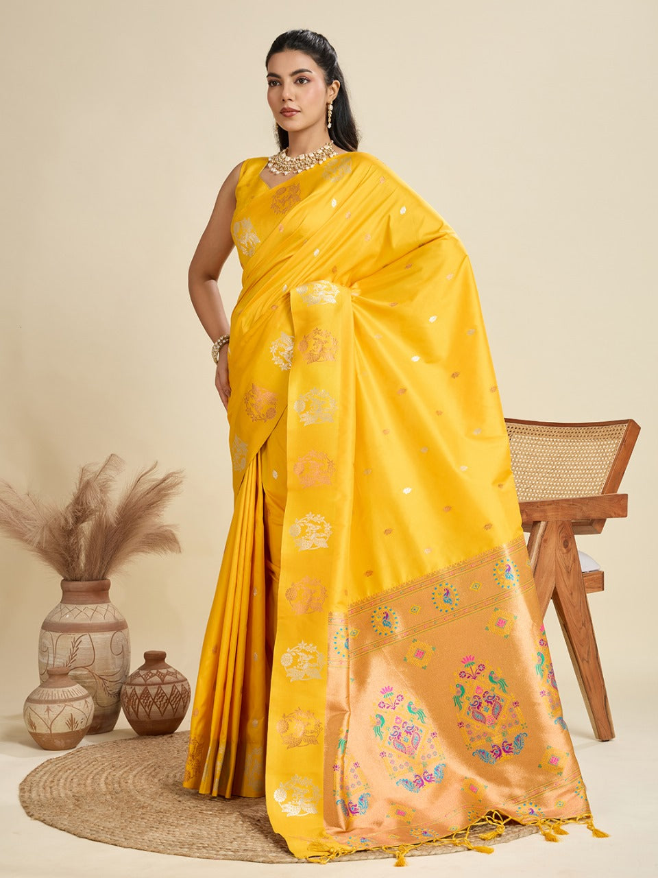Yellow Kanjivaram Silk Saree With Zari Weaving Butta Border & Designer Rich Paithani Pallu