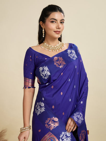 Violet Kanjivaram Silk Saree With Zari Weaving Butta Border & Designer Rich Paithani Pallu