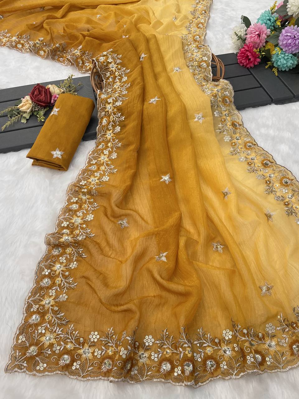 Multi Fancy Crunchy Silk Saree With Embroidery And Sequence Work