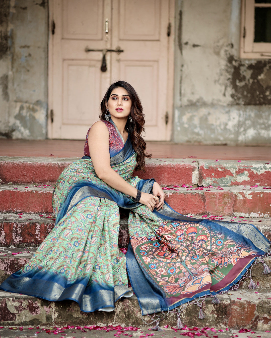 Pista Green Kalamkari Digital Printed Dola Silk Saree With Gold Zari Border