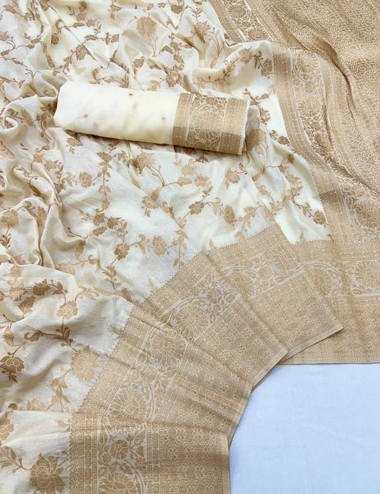 Off White Luxurious Viscose Khaddi Georgette Banarasi Saree With Zari Weaving Work