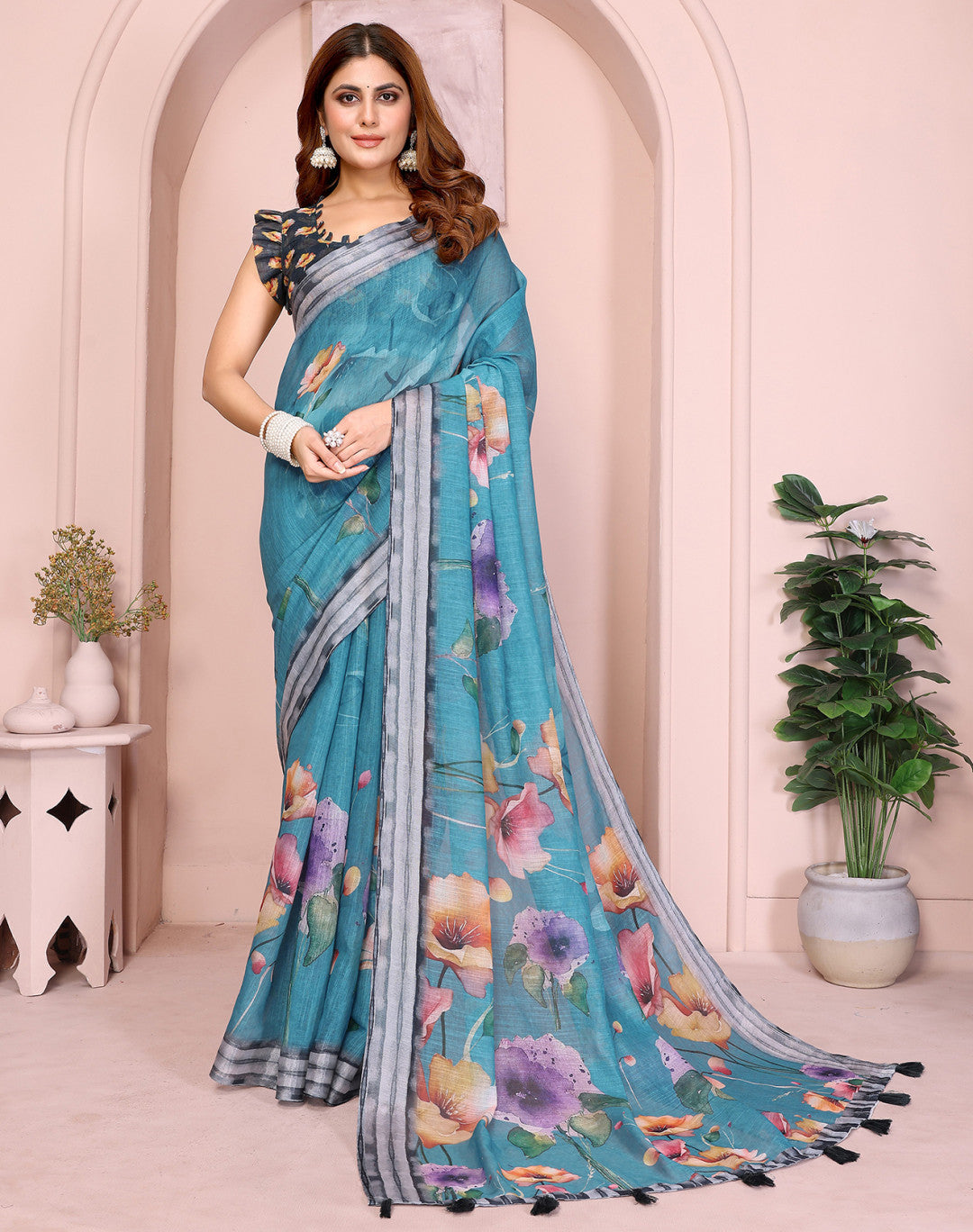 Blue Linen Cotton Saree With Digital Printed Work And Silver Zari Border