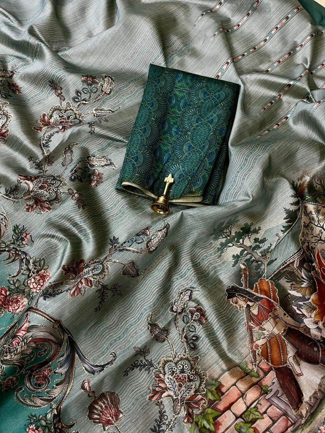 Light Green Kalamkari Printed Premium Tussar Silk Saree