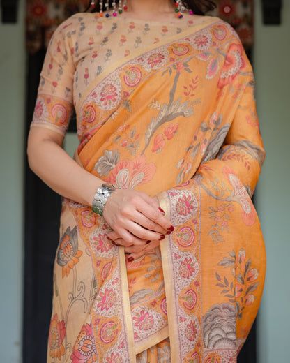 Soft Linen Cotton Saree With Kalamkari Printed Work