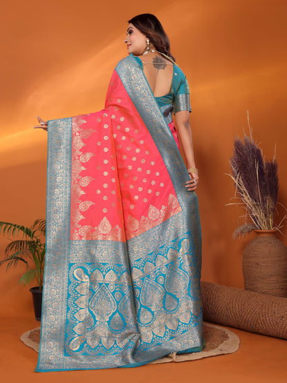 Peach Traditional Banarasi Silk Saree With Zari Weaving Work