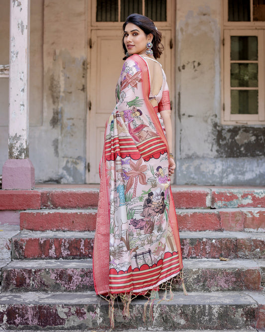 Multi Digital Kalamkari Printed Tussar Silk Saree With Zari Motif Border