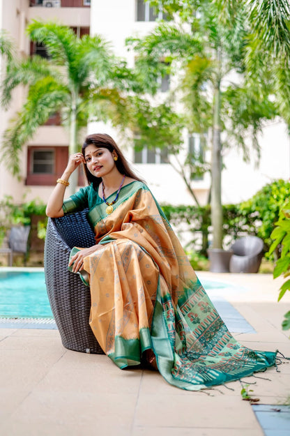 Golden Yellow Color Tussar Silk Saree With Digital Printed Work
