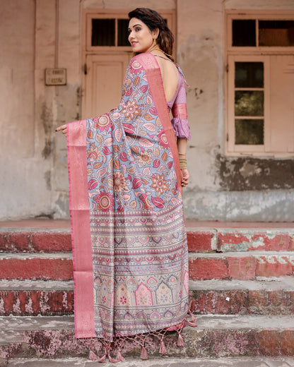 Multi Kalamkari Digital Printed Dola Silk Saree With Gold Zari Border