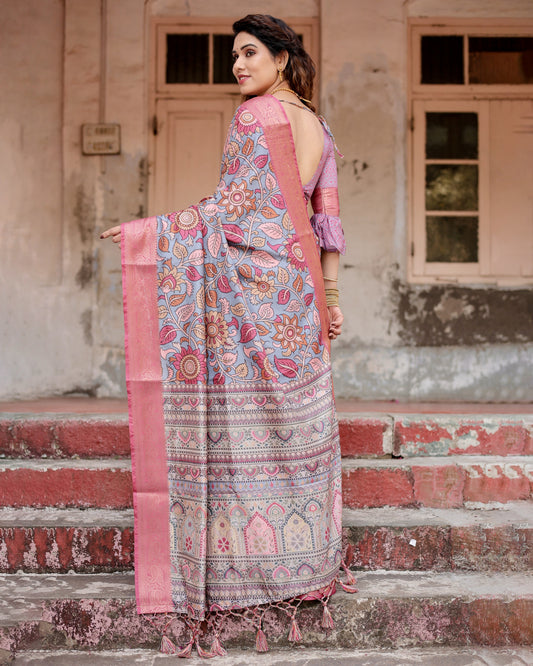 Multi Kalamkari Digital Printed Dola Silk Saree With Gold Zari Border
