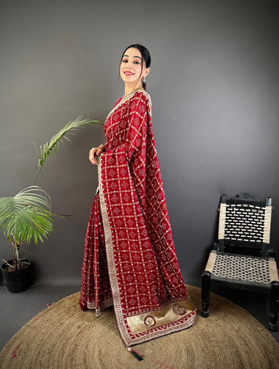 Maroon Traditional Blooming Vichitra Khadi Bandhej Silk Saree With Sequence Work