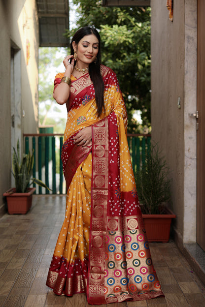 Multi Color Soft Bandhej Silk Saree With Zari Weaving Work