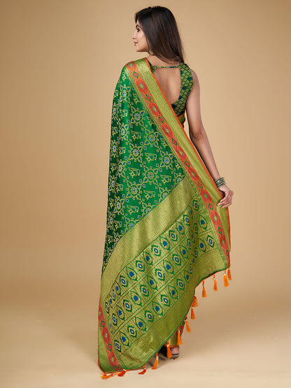 Green Color Patola Silk Saree With Zari Weaving Work