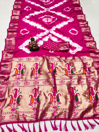 Rani Pink Color Soft Dola Silk Saree With Shibori Print & Zari Weaving Work